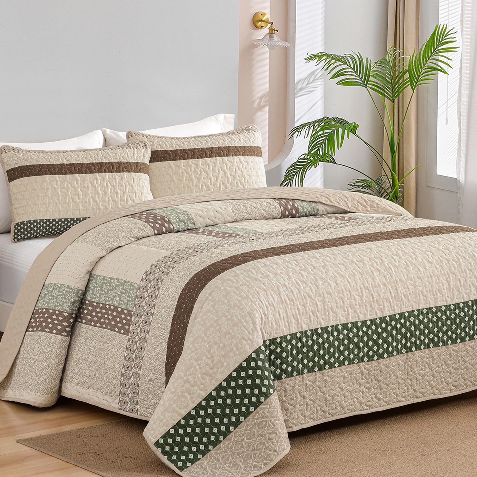 Wongs Bedding Khaki Quilt King Size, Bohemian Stripe Quilt Sets 3 Pieces Boho Quilted Bedspread Set Lightweight Microfiber Cover